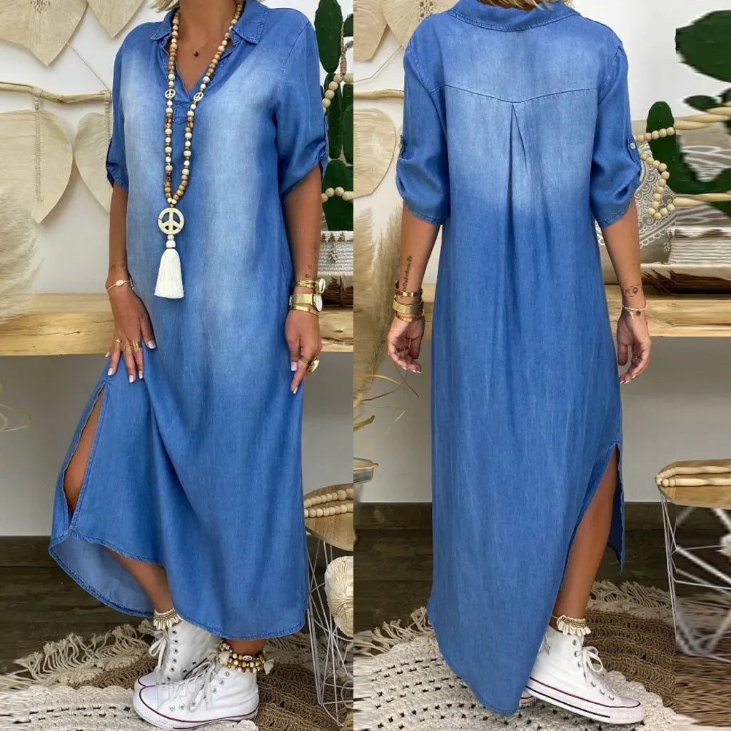 Hildaia - Maxikjole i denim med elegant sidesliss