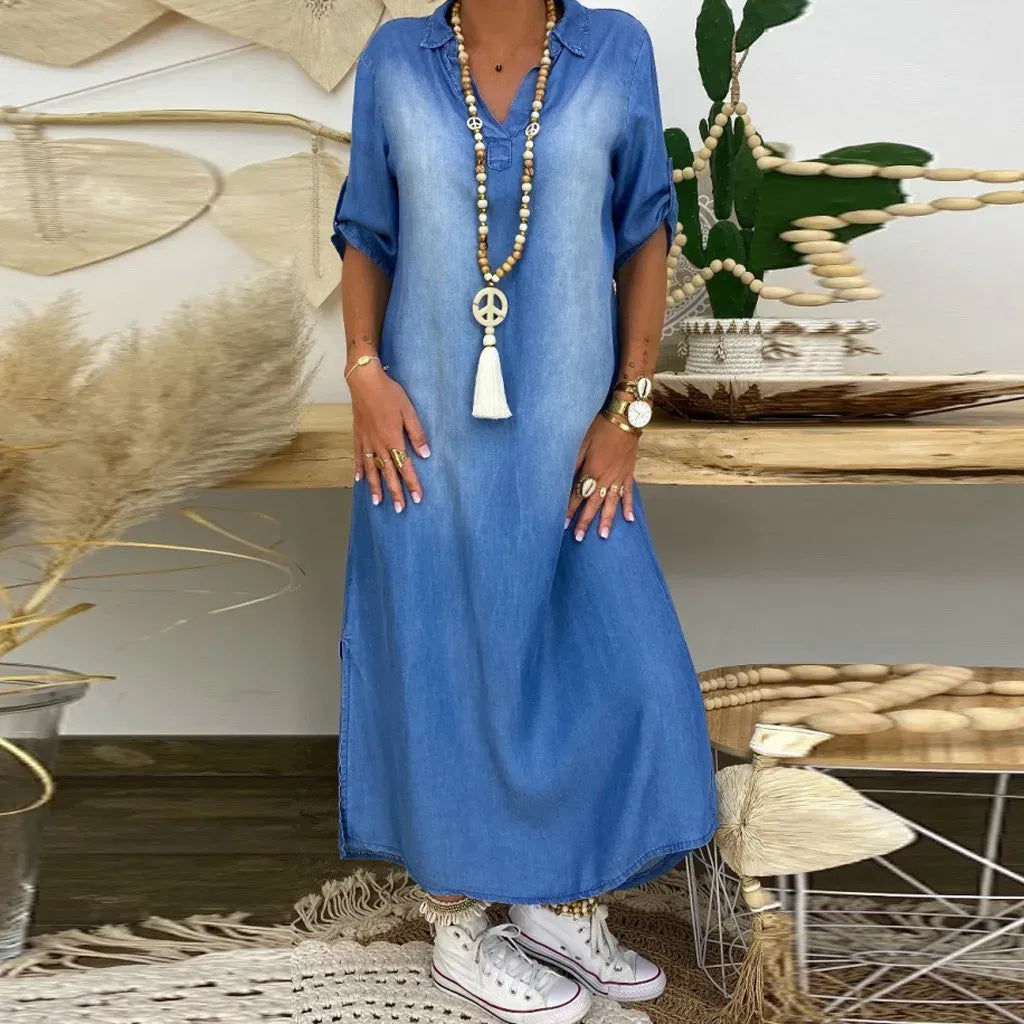 Hildaia - Maxikjole i denim med elegant sidesliss